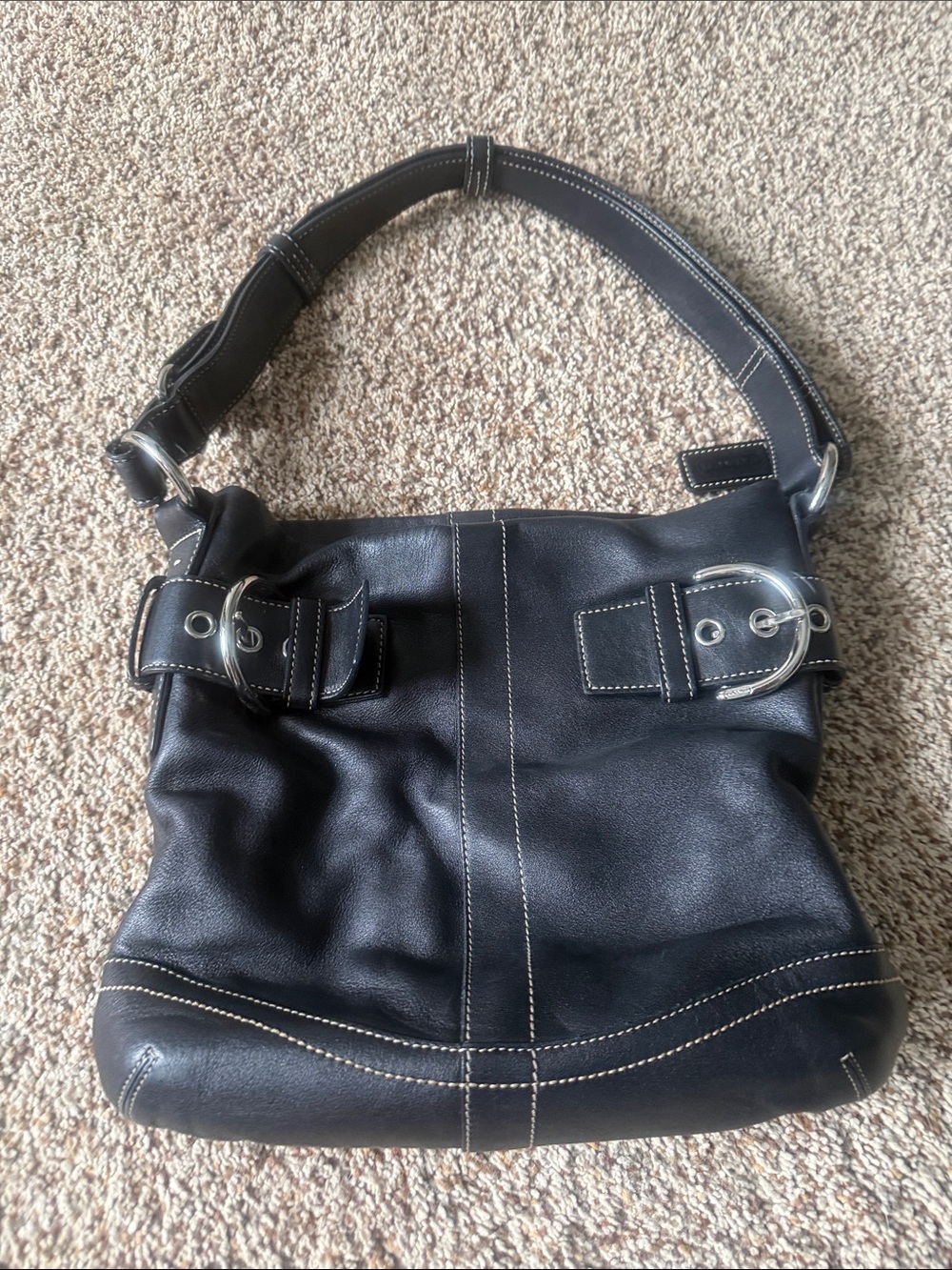 Coach Black Leather Shoulder Bag with White Contrast Stitching